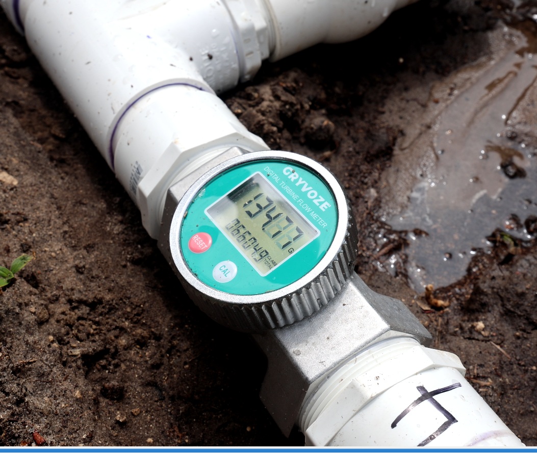 Gryvoze digital turbine flow meter reading 135 GPM — BDE prototype test run 2